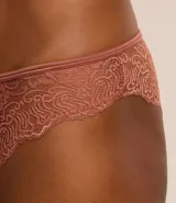 Bombacha bikini color ladrillo, de microfibra con encaje floral.