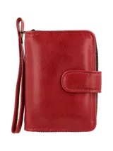 Billetera roja de cuero vacuno con cierre metálico y manija muñequera de cuero. Interior con múltiples ranuras para tarjetas y bolsillo monedero con cierre.