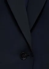 Blazer azul marino con cuello de pico con solapa, hombros estructurados, detalle de pinzas, solapas con muesca, diseño recto y entallado, dos bolsillos de ribete en la parte delantera y abertura posterior.