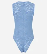 Body de encaje azul claro, sin mangas, con escote redondo y cierre de broches en la entrepierna.