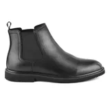 Bota Chelsea de cuero negro con elásticos laterales y tirador trasero.