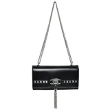 Cartera negra tipo bandolera con detalles en cadena y diseño funcional, perfecta para cualquier ocasión.