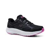 Championes deportivos Skechers Go Run Consistent 2.0, color negro con detalles en gris y fucsia. Capellada de malla deportiva, amortiguación ULTRA LIGHT, tecnología M-Strike y plantilla Air-Cooled Goga Mat.