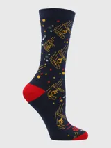 Calcetines largos de algodón azul marino con puño, talón y puntera en rojo. Diseño estampado con cazas TIE Fighter amarillos y lunares de colores.