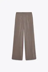Pantalón palazzo color gris topo de tejido fluido, con cintura elástica ajustable con cordones y bolsillos laterales.