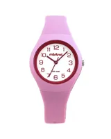Reloj Mistral deportivo color rosa con detalles en rojo. Correa de silicona y esfera blanca con números. Resistente al agua 100m.
