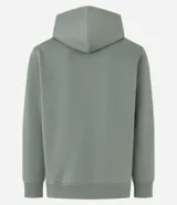 Hoodie masculino de algodón y poliéster, color verde salvia, con capucha ajustable, bolsillo canguro y estampado en el pecho y en la manga izquierda con texto.