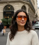 Lentes de sol de aviador oversize con montura negra y lentes color naranja. Protección UV400.