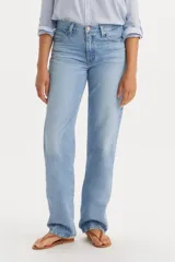 Pantalón de jean celeste de corte recto y tiro alto.