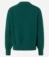 Buzo suéter femenino de tricot color verde esmeralda, con cuello redondo y puños ajustados. Confeccionado con viscosa certificada, poliéster y poliamida.