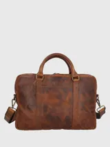 Maletín de cuero color marrón, con compartimento principal con cierre, bolsillo acolchado interior para laptop, bolsillo interior con cierre, bolsillo frontal de fácil acceso, correas ajustables y removibles, y forro interior 100% poliéster reciclado.