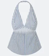 Blusa peplum con escote halter y lazo en el frente, con patrón de rayas verticales azules y blancas.