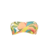 Top bandeau de lycra estampada con motivos florales en tonos naranja, verde, amarillo y celeste.