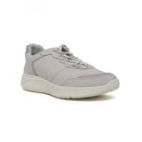 Zapatillas grises con detalles en lila, cordones elásticos y suela blanca.