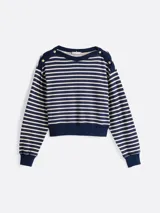 Buzo de felpa de algodón a rayas horizontales azul marino y blancas, con cuello barco, botones dorados en los hombros y logo de Tommy Hilfiger bordado en la manga.