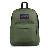 Mochila Jansport de color verde militar, con compartimento principal con cierre, bolsillo frontal con cierre y asa de mano superior. Presenta el parche con el logo de la marca en el frente.