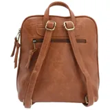 Mochila negra de ecocuero con aplique de gamuza en la parte superior. Tiene un compartimento principal con cierre de cremallera, bolsillos frontal y trasero con cierre, bolsillo interior con cierre y correas ajustables.