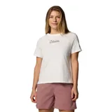 Remera blanca de algodón orgánico con cuello redondo y logo de Columbia estampado en el pecho.