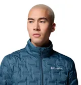 Campera puffer para hombre marca Columbia, modelo Delta Ridge II Down en color azul. Presenta tecnología Omni-Heat™ con forro termorreflectante, construcción HeatSeal™ sin costuras con diseño acolchado geométrico y tejido repelente al agua Omni-Shield™. Cuenta con aislamiento de plumón de 650 hilos, cierre frontal completo, cuello alto con protección de barbilla y bolsillos laterales con cremallera.