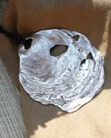 Collar con dije grande de bronce con forma de ostra y cordón de algodón ajustable color gris.