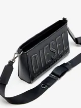 Bolso bandolera rectangular negro de poliuretano con logo Diesel en relieve y correa de cincha desmontable.