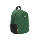 Mochila Caterpillar color verde con diseño geométrico en relieve. Cuenta con un compartimento principal con cierre de cremallera, un bolsillo interior para objetos pequeños y un compartimento trasero acolchado para laptop. Tiene tirantes ajustables de malla elástica, asa de mano y logo de la marca en el frente.