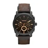 Reloj Fossil modelo Machine con caja de acero color negro, esfera negra con detalles dorados y correa de cuero marrón. Cronógrafo con subesferas, fecha visible y resistencia al agua 5 ATM.