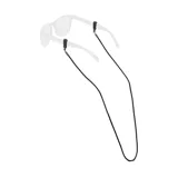 Sujeta lentes negro con cordón trenzado de cuero y terminales ajustables de goma.