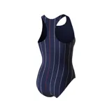 Traje de baño enterizo azul marino con rayas verticales blancas y rojas, logo de Fila en el pecho y espalda deportiva con tirantes cruzados.