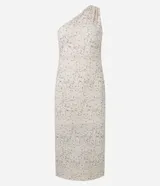 Vestido midi color crema con estampado abstracto en tonos grises, con escote asimétrico de un hombro y corte ajustado.