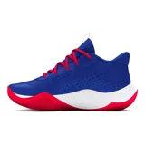 Championes de básquet Under Armour Jet 23, color azul con detalles en blanco y rojo. Presentan el logo de Under Armour en el lateral y cordones rojos.