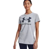 Remera gris de mujer marca Under Armour, de corte clásico y manga corta. Presenta el logo de la marca estampado en el pecho con diseño camuflado en tonos azules y negros.