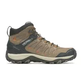 Botas de trekking Merrell Crosslander 3 Mid WP para hombre, color marrón con detalles en negro y naranja. Confeccionadas en cuero y malla impermeable, con suela de goma adherente y entresuela de EVA para mayor estabilidad y comodidad.
