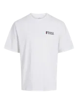 Remera blanca de manga corta con cuello redondo y estampado pequeño en el pecho con la leyenda "Flowers 'N Stuff".