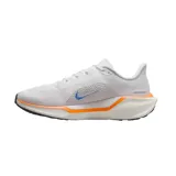 Championes Nike Pegasus 41 blancos con detalles en azul y naranja, ideales para running.