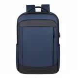 Mochila gris con detalles en negro, de tela rígida con dos asas acolchadas y espalda ergonómica. Cuenta con compartimento acolchado para laptop, bolsillo frontal con cierre y puerto USB externo.