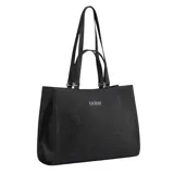 Cartera tote grande Guess modelo Forber, color negro con estampado del logo de la marca en relieve.