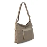 Cartera de cuero color marrón claro, con bolsillo frontal con tapa y cierre. Incluye división interna, bolsillos internos y bolsillo trasero con cierre. Tiene correa larga regulable y asa de mano.