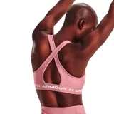 Top deportivo Under Armour naranja con tirantes cruzados en la espalda y banda inferior blanca con logo de la marca.
