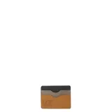 Billetera tarjetero de cuero color marrón, con detalles en gris y negro. Cuenta con tres ranuras para tarjetas y logo de la marca grabado en la parte inferior.