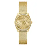 Reloj Guess dorado con caja redonda de 32 mm en acero inoxidable, esfera dorada con diseño y detalles brillantes, y correa tipo malla con textura.