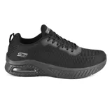 Championes Skechers Squad Air Close Encounter, color negro, con capellada de malla tejida, plantilla Skechers Air-Cooled Memory Foam y media suela con cámara de aire visible.
