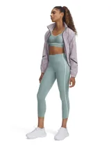 Calza deportiva color verde agua, tiro alto, corte capri y detalle de línea vertical blanca en el lateral.