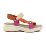 Sandalias con plataforma color coral con tiras de cuero en colores naranja, beige, rosa y marrón.