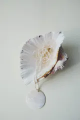 Collar de perlas con dije circular de nácar.