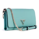Bandolera Guess Noelle color turquesa con correa de cadena dorada y logo triangular dorado en el frente.