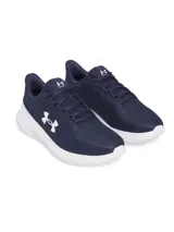 Championes de running Under Armour Phade RN 3, color azul marino con logo verde flúor y suela blanca.
