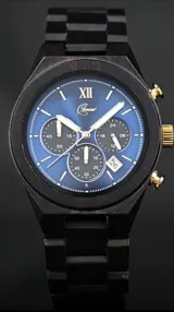 Reloj cronógrafo para hombre, marca Chronaut, modelo Ébène Absolue, hecho a mano en madera de ébano. Diseño con esfera azul con tres subesferas y fechador.
