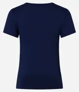 Remera deportiva azul marino de microfibra con cuello redondo, mangas cortas y estampa frontal con la frase "be your own muse".