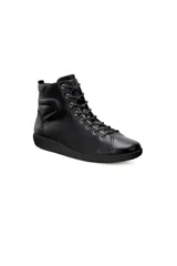 Zapatillas de cuero negro con cordones, caña media y suela plana.